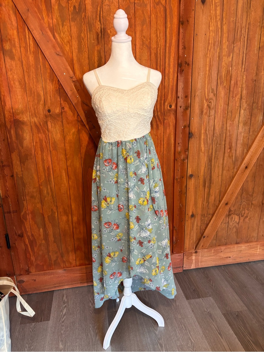 Lace Bodice Floral Maxi Dress in Sage and Cream